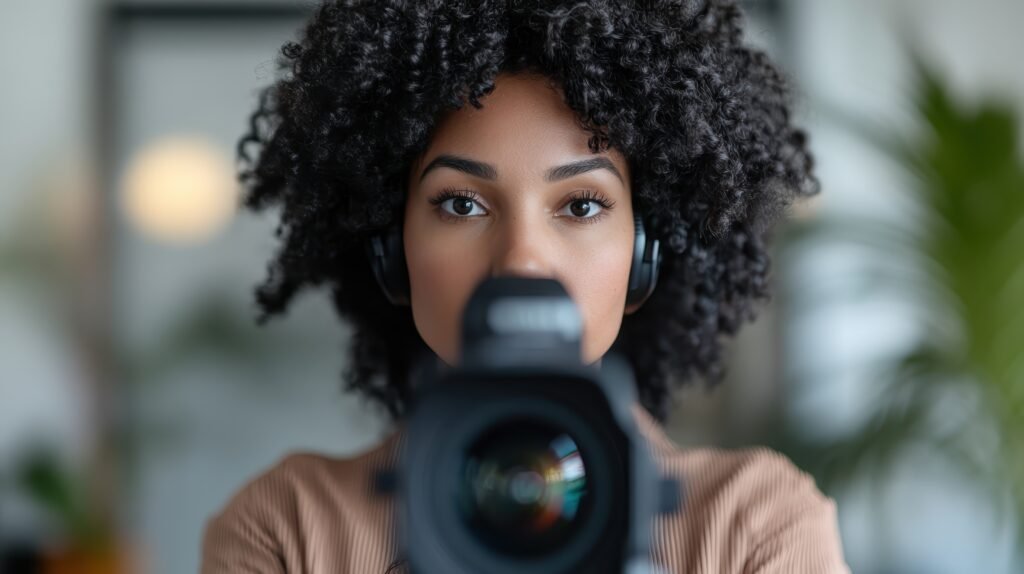 Woman with curly hair holding a camera, creating content as she builds an authentic brand
