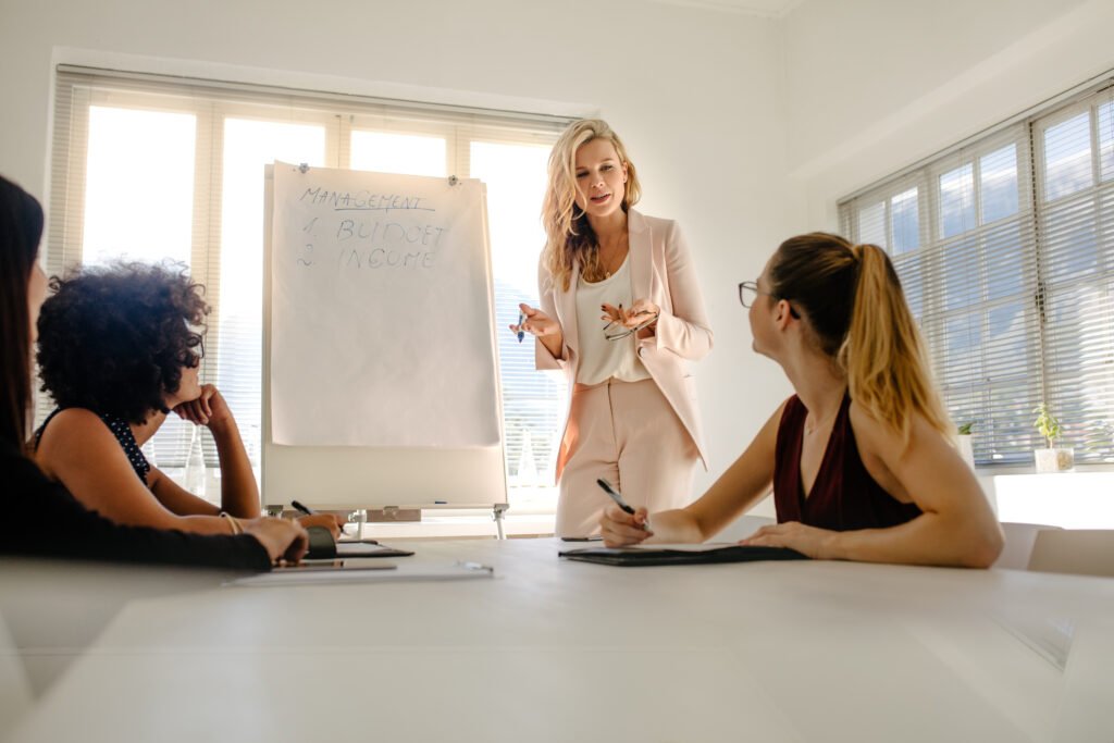 Woman presenting at a flip chart to three colleagues around a table