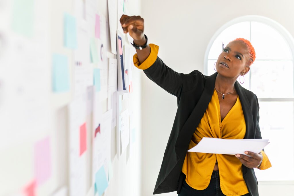 Woman in yellow arranging sticky notes on a wall