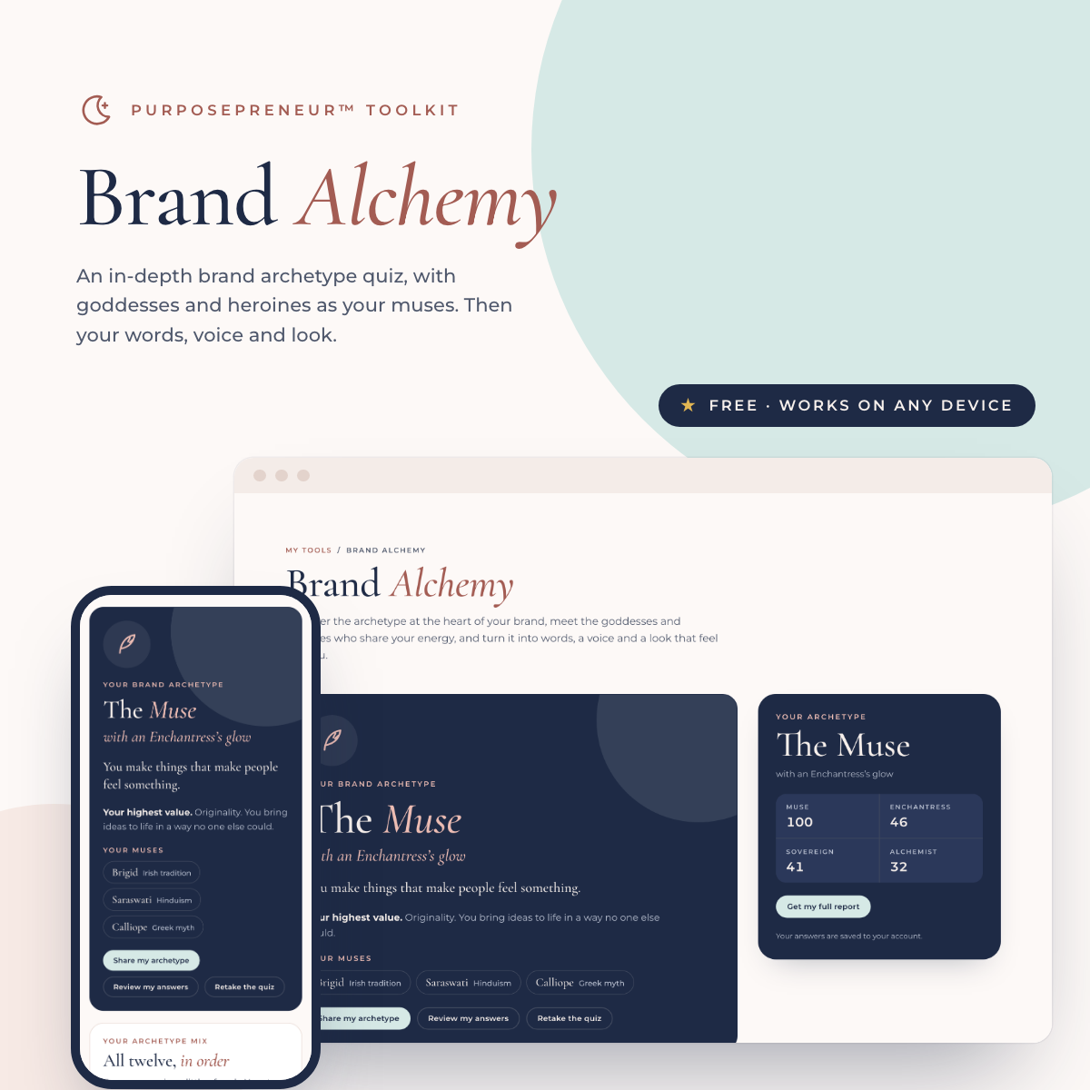 Brand Alchemy, a free brand archetype quiz by Leeah Murray, shown on a laptop and a phone