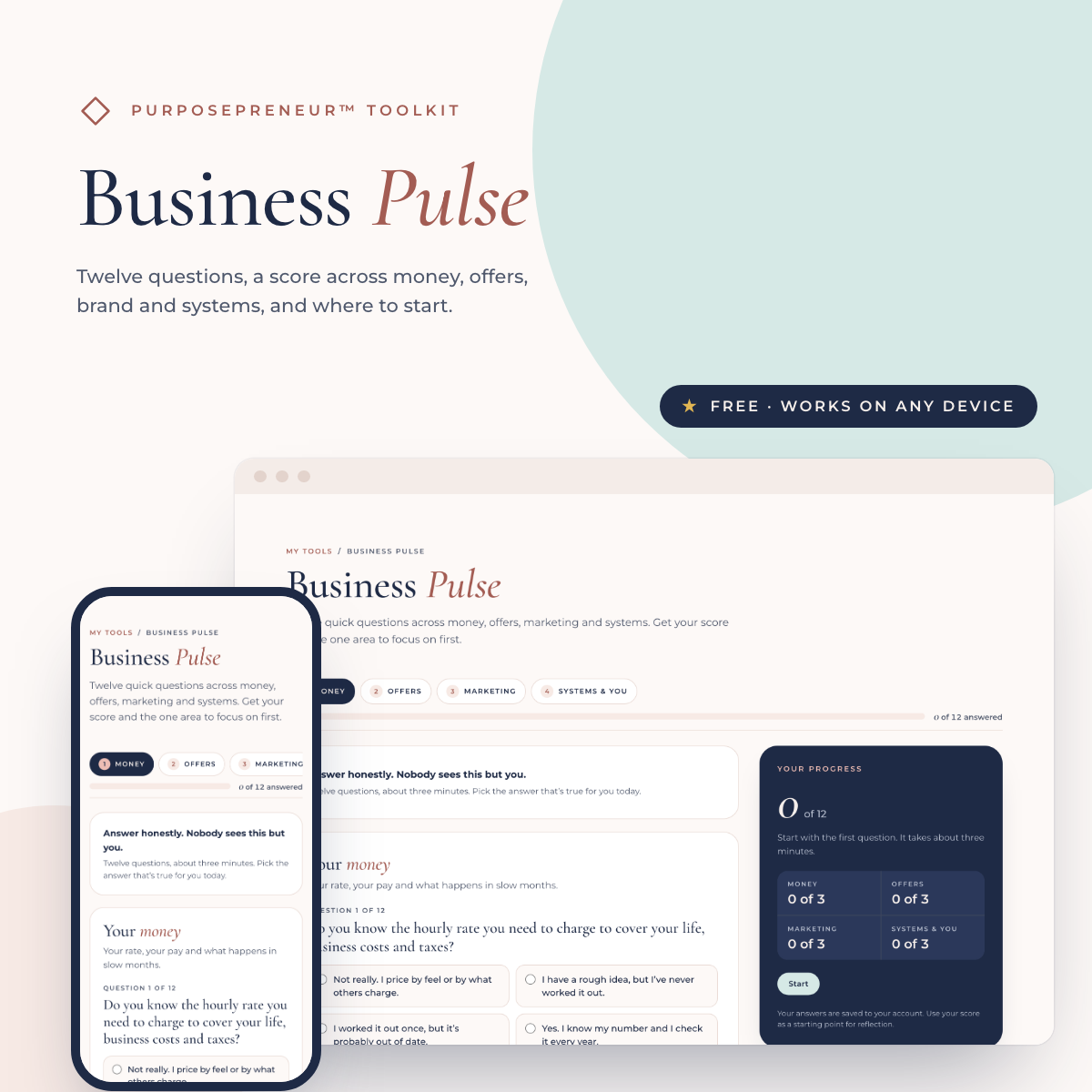 Business Pulse, a free business health check by Leeah Murray, shown on a laptop and a phone