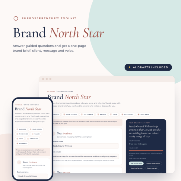 Brand North Star from the Purposepreneur Toolkit, shown on a laptop and a phone