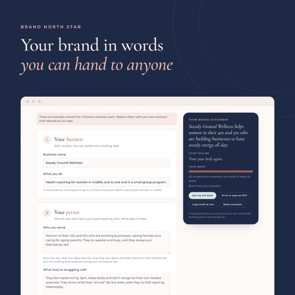 Results screen of Brand North Star, a one-page brand brief with message, voice and ideal client