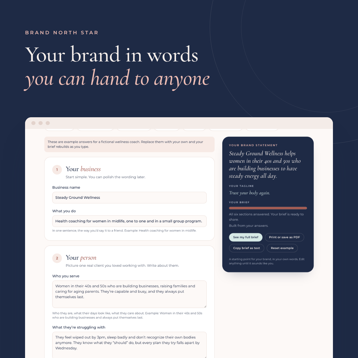Brand North Star results screen from the Purposepreneur Toolkit