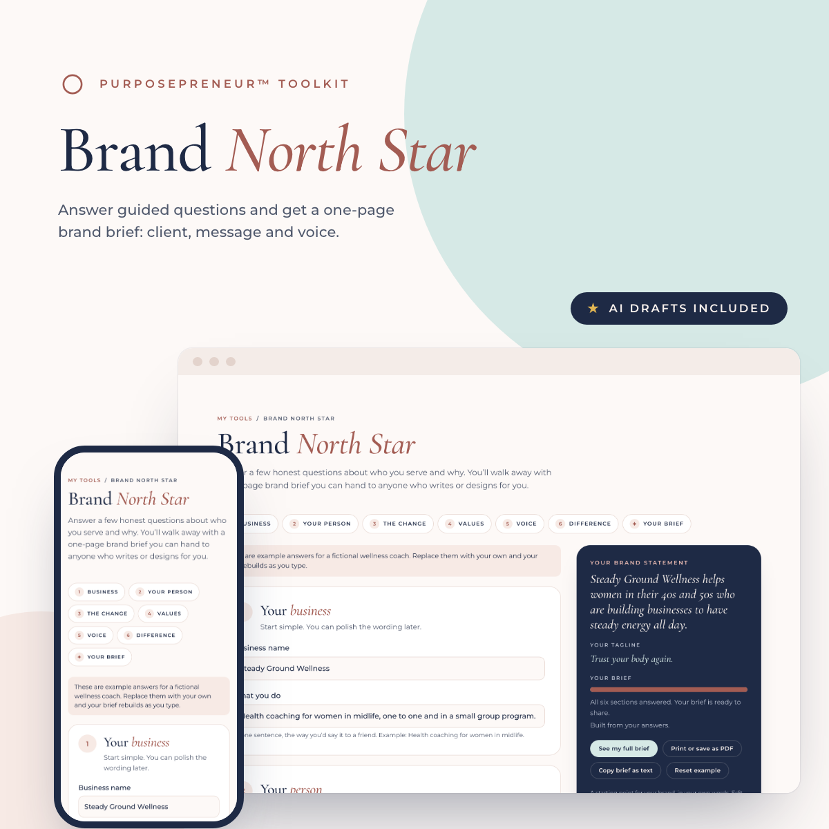 Brand North Star from the Purposepreneur Toolkit, shown on a laptop and a phone