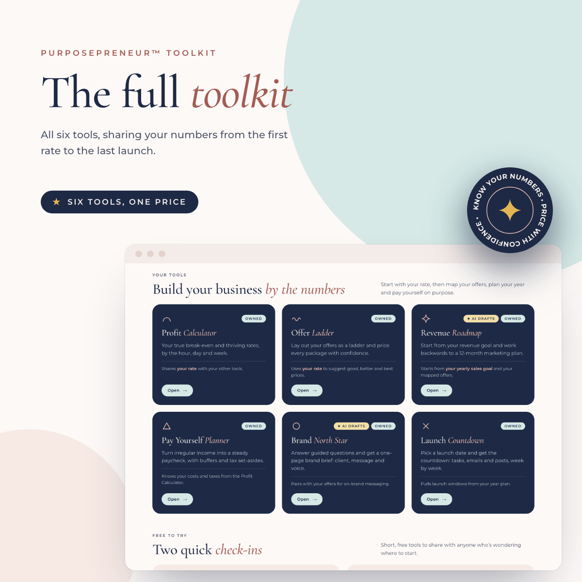 The Full Purposepreneur Toolkit from the Purposepreneur Toolkit, shown on a laptop and a phone