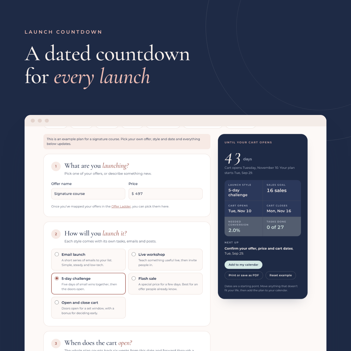 Launch Countdown results screen from the Purposepreneur Toolkit