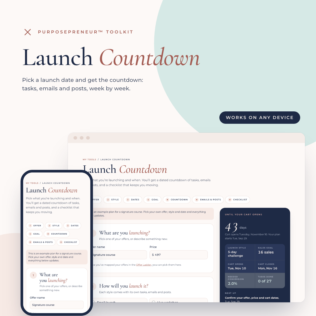 Launch Countdown from the Purposepreneur Toolkit, shown on a laptop and a phone