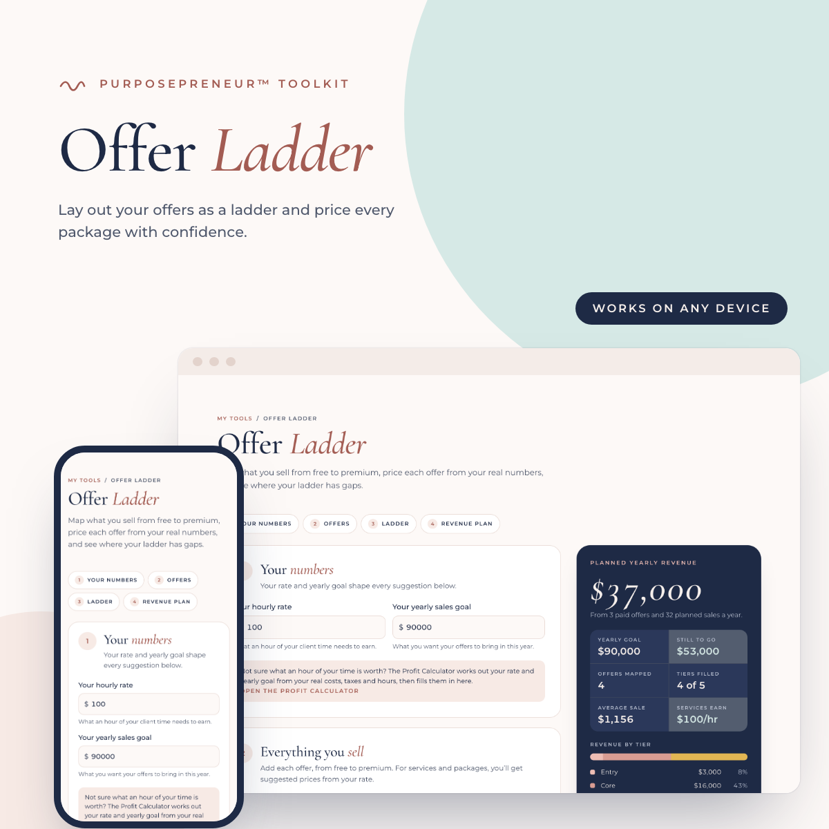 Offer Ladder from the Purposepreneur Toolkit, shown on a laptop and a phone