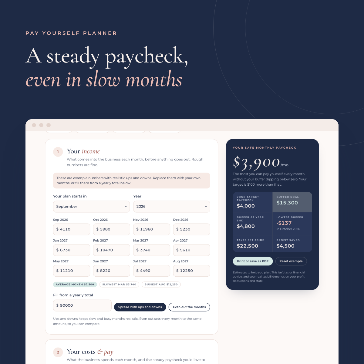 Pay Yourself Planner results screen from the Purposepreneur Toolkit