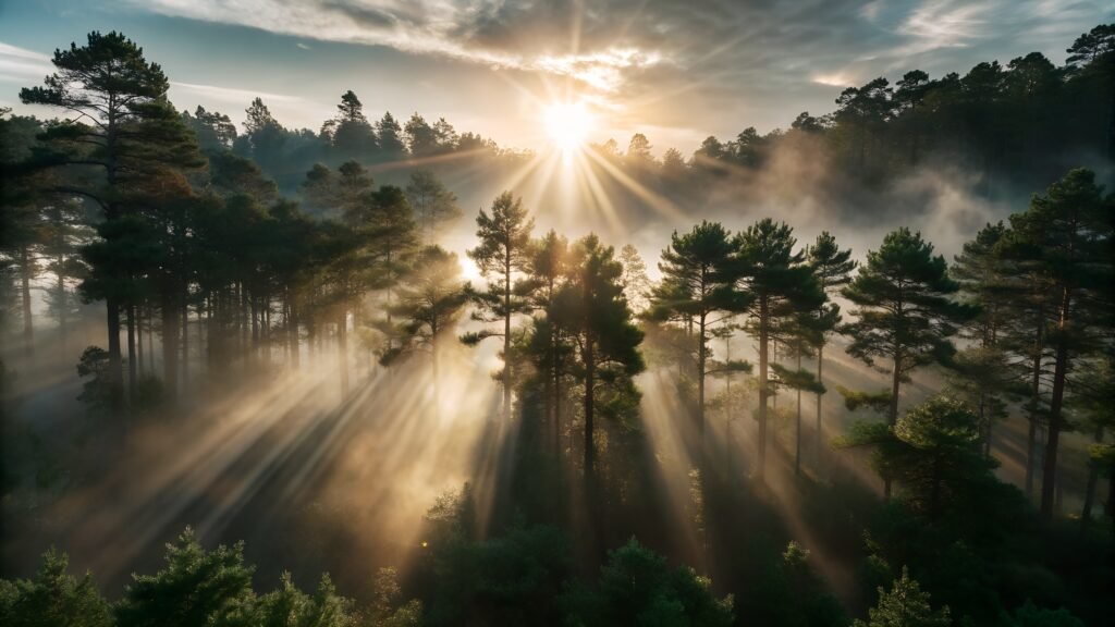 Sunlight breaking through a misty forest
