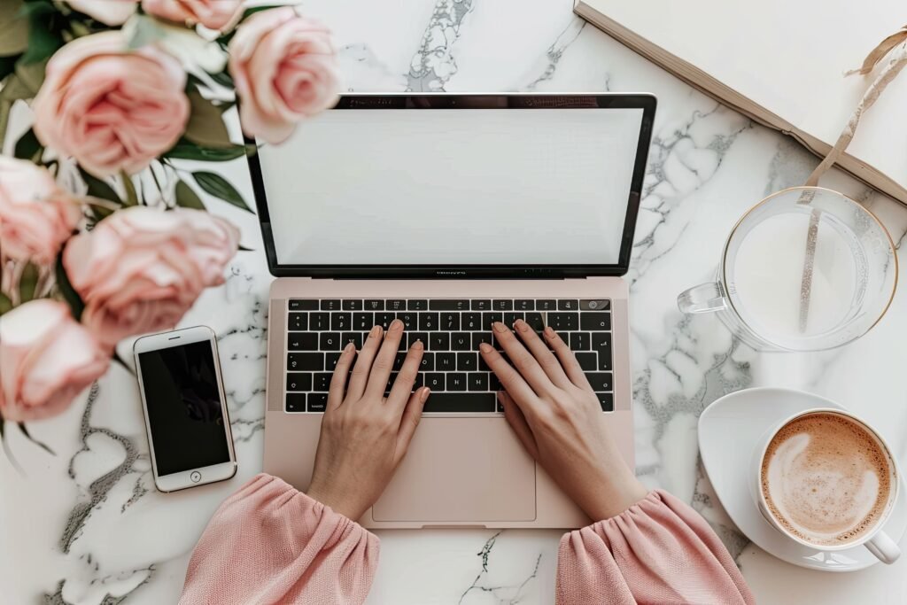 Hands typing on a laptop beside pink roses and a coffee