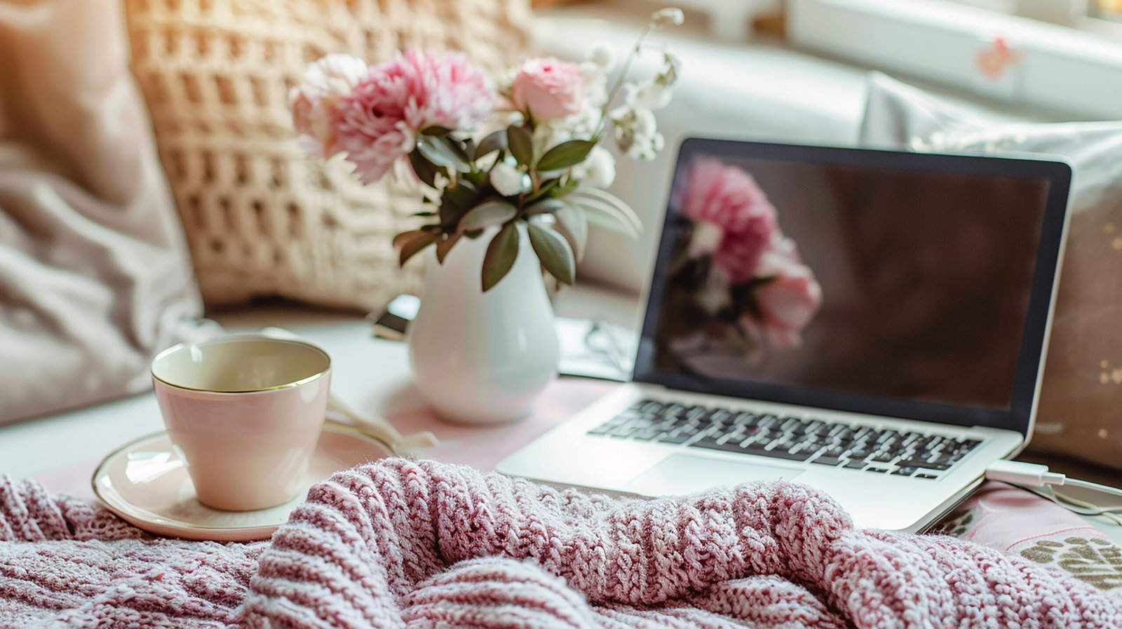 Laptop, pink flowers and a teacup among cushions and a pink knit blanket