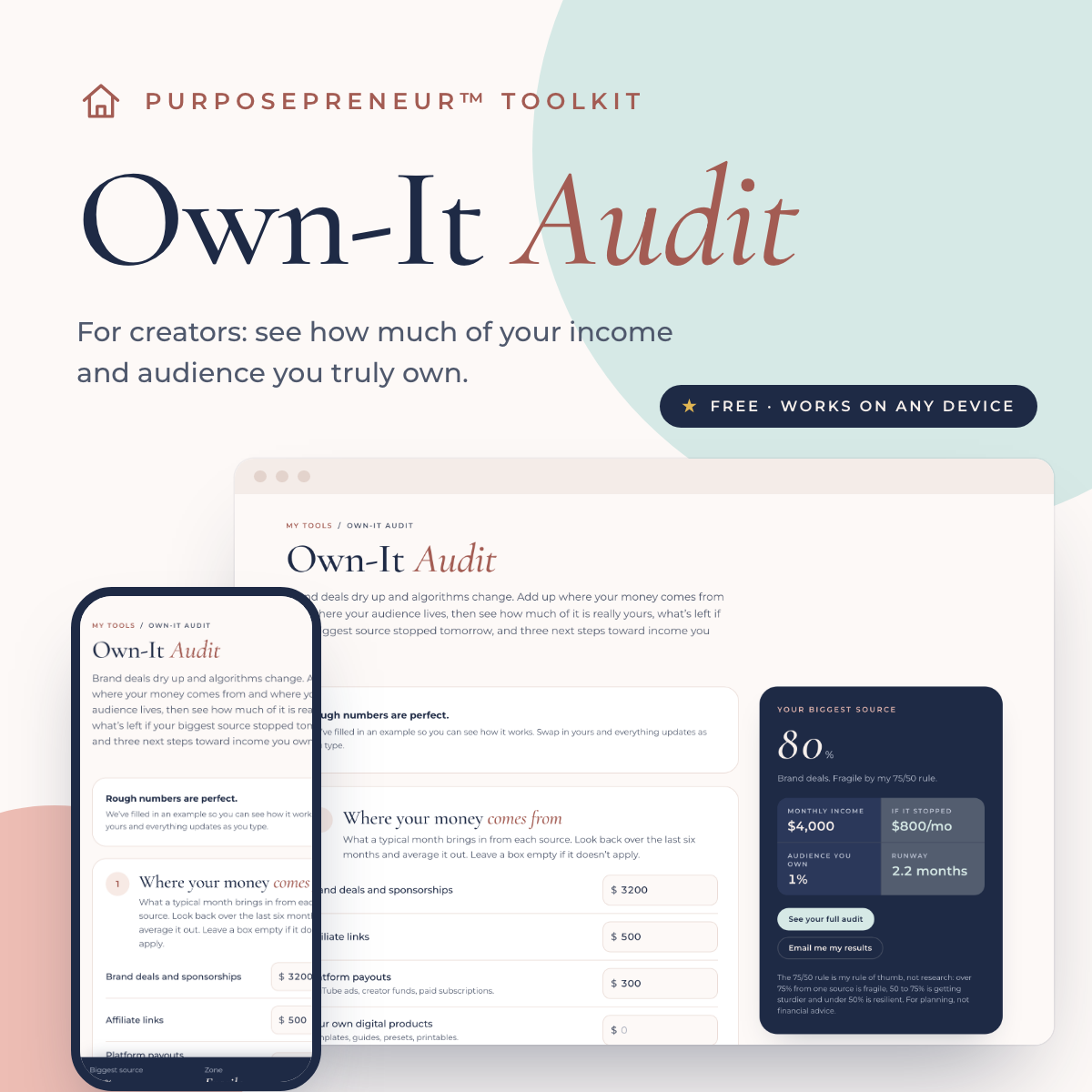 Own-It Audit, a free influencer income calculator shown on a laptop and phone