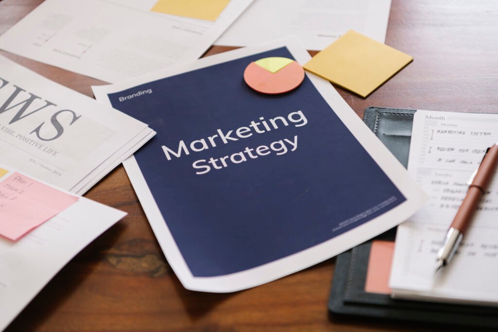 A marketing strategy report on a desk with notes