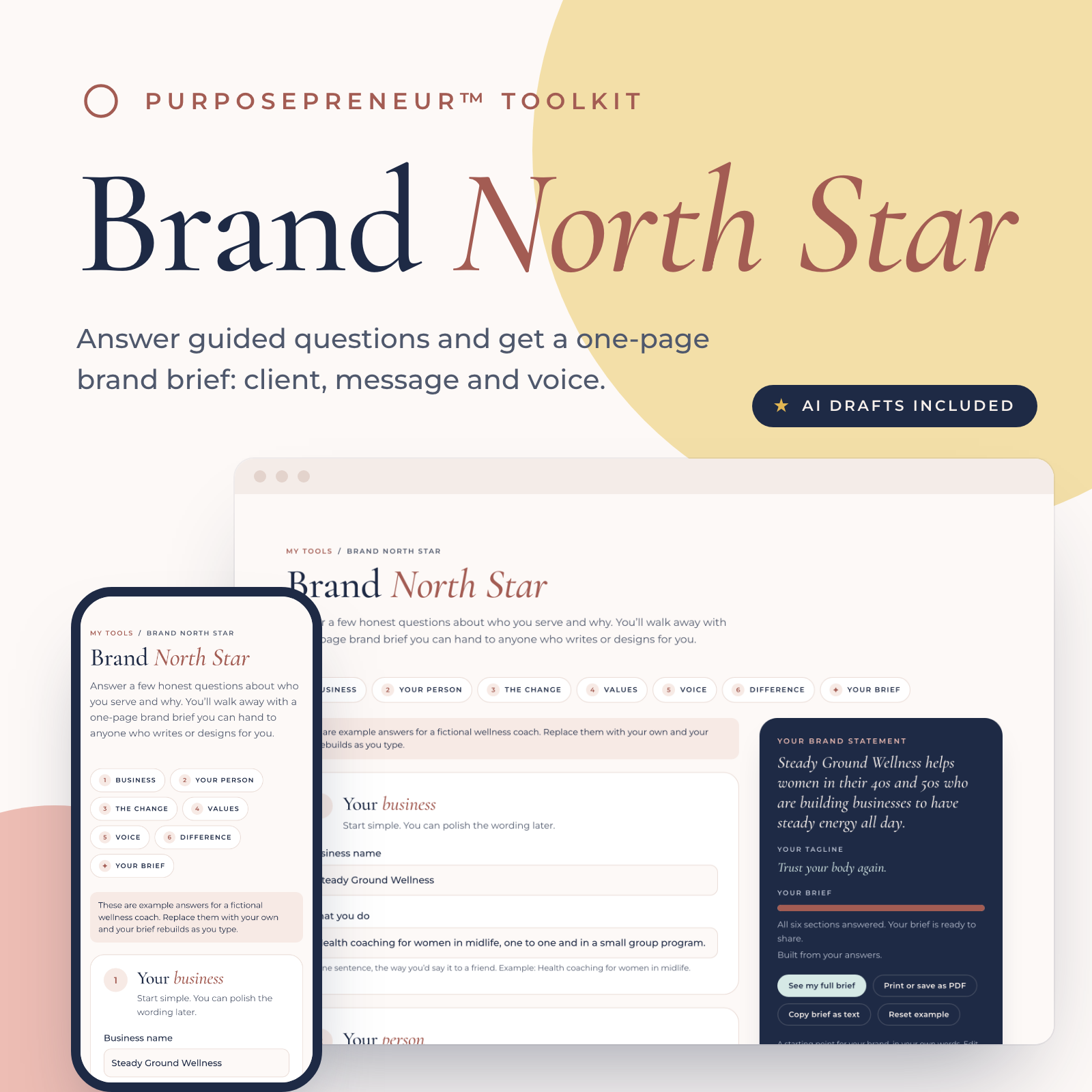 Brand North Star from the Purposepreneur Toolkit, shown on a laptop and a phone