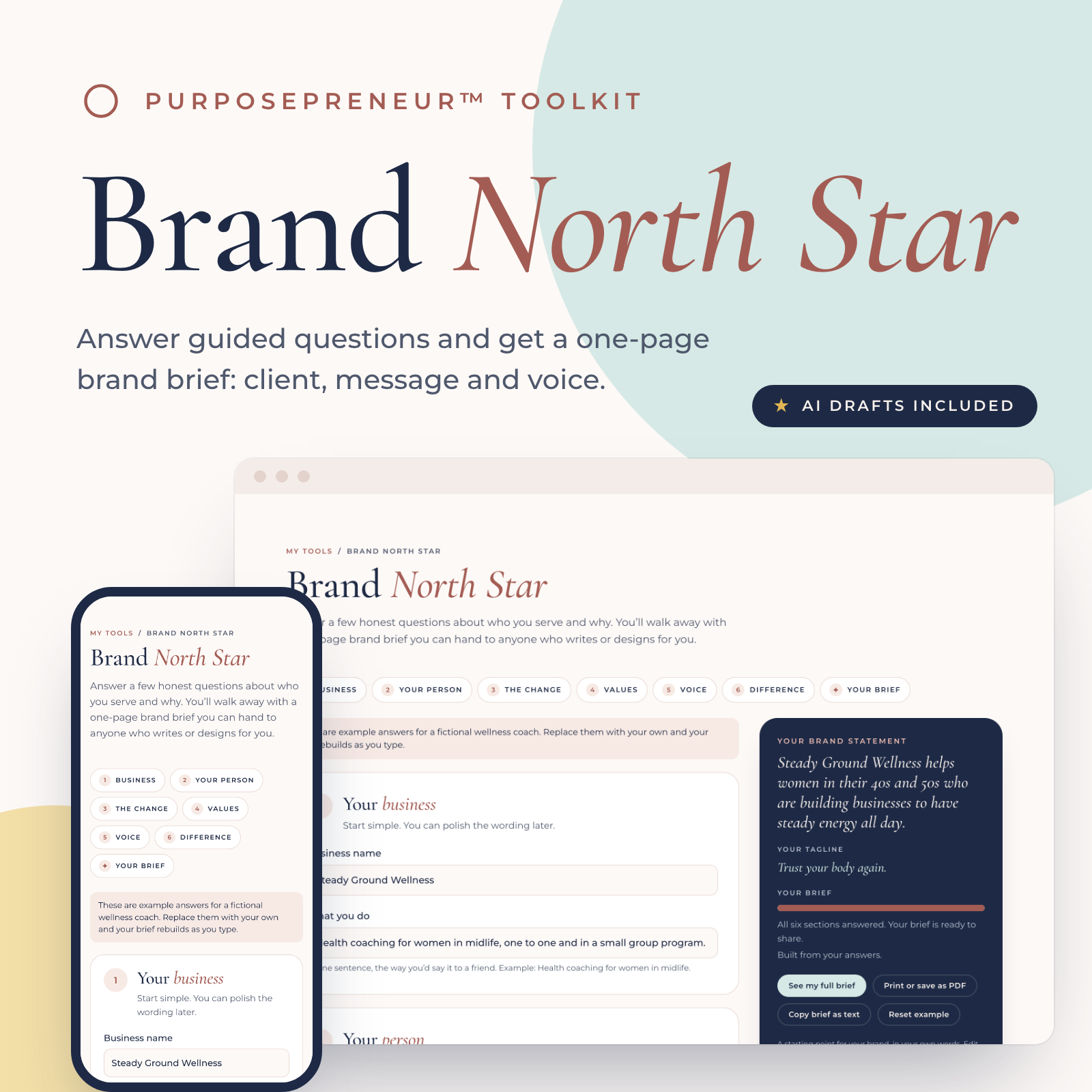 Brand North Star from the Purposepreneur Toolkit, shown on a laptop and a phone