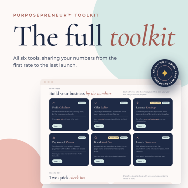 The Full Purposepreneur Toolkit: all six business planning tools on one dashboard