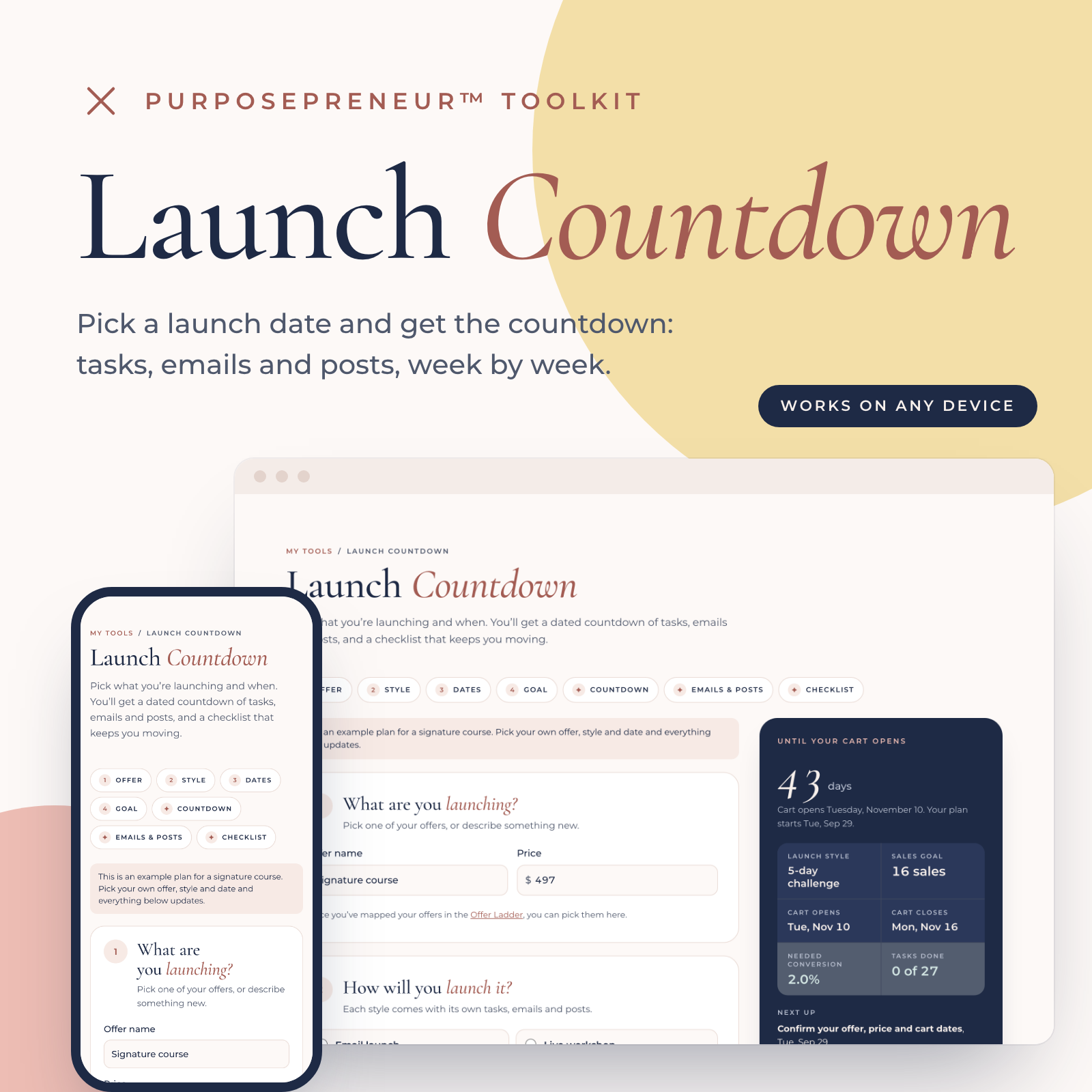 Launch Countdown from the Purposepreneur Toolkit, shown on a laptop and a phone
