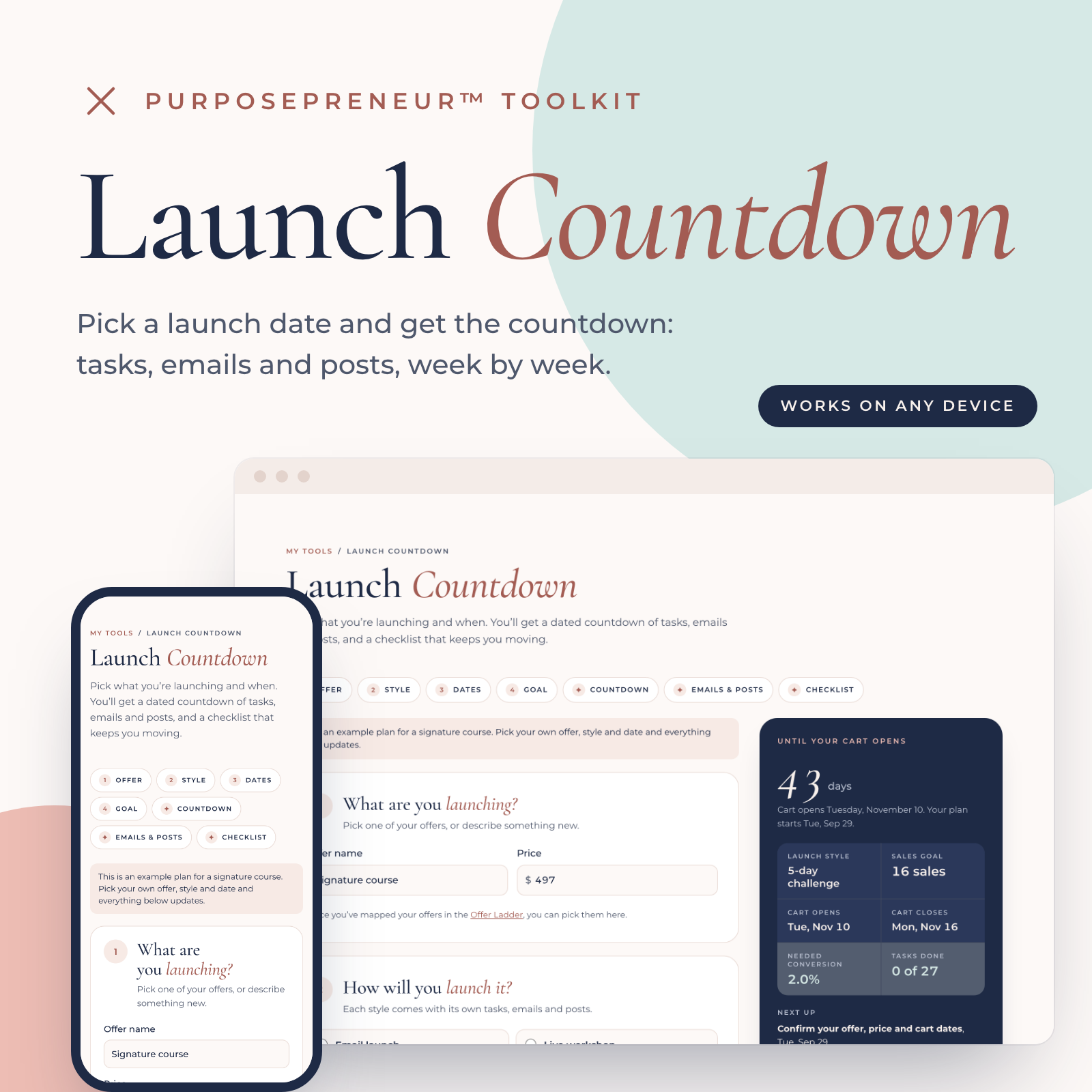 Launch Countdown from the Purposepreneur Toolkit, shown on a laptop and a phone