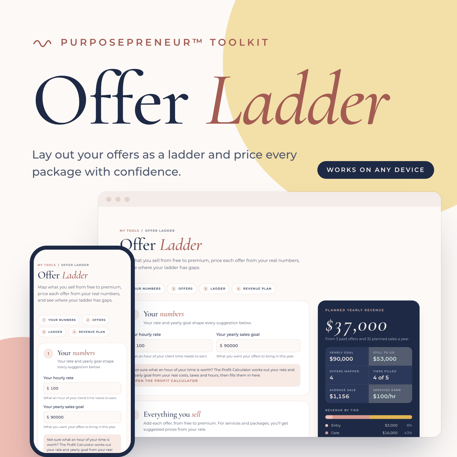 Offer Ladder from the Purposepreneur Toolkit, shown on a laptop and a phone