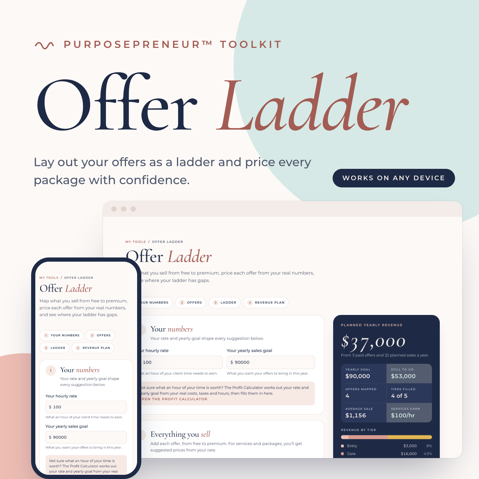 Offer Ladder from the Purposepreneur Toolkit, shown on a laptop and a phone