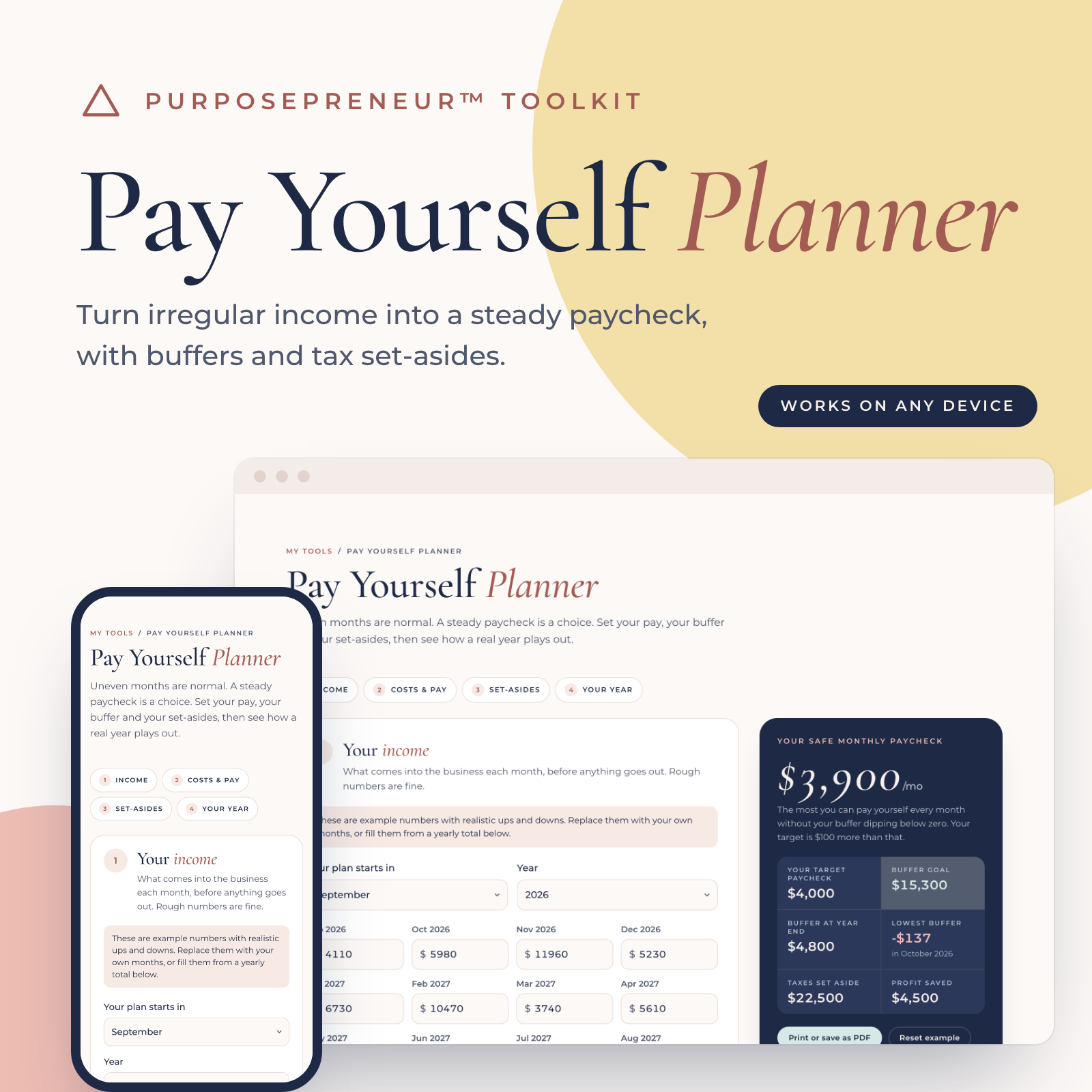 Pay Yourself Planner from the Purposepreneur Toolkit, shown on a laptop and a phone