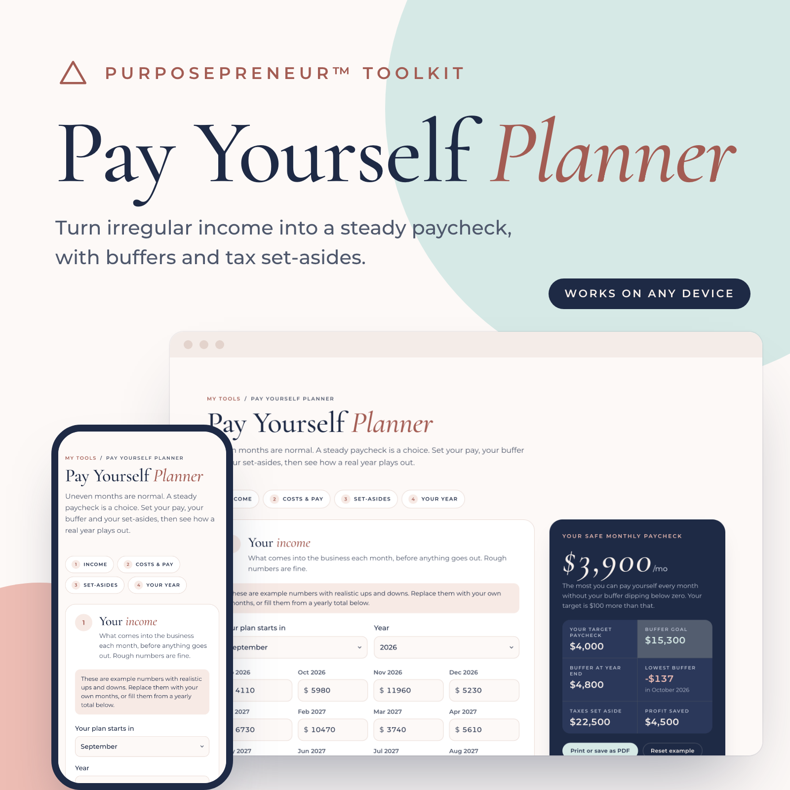 Pay Yourself Planner from the Purposepreneur Toolkit, shown on a laptop and a phone