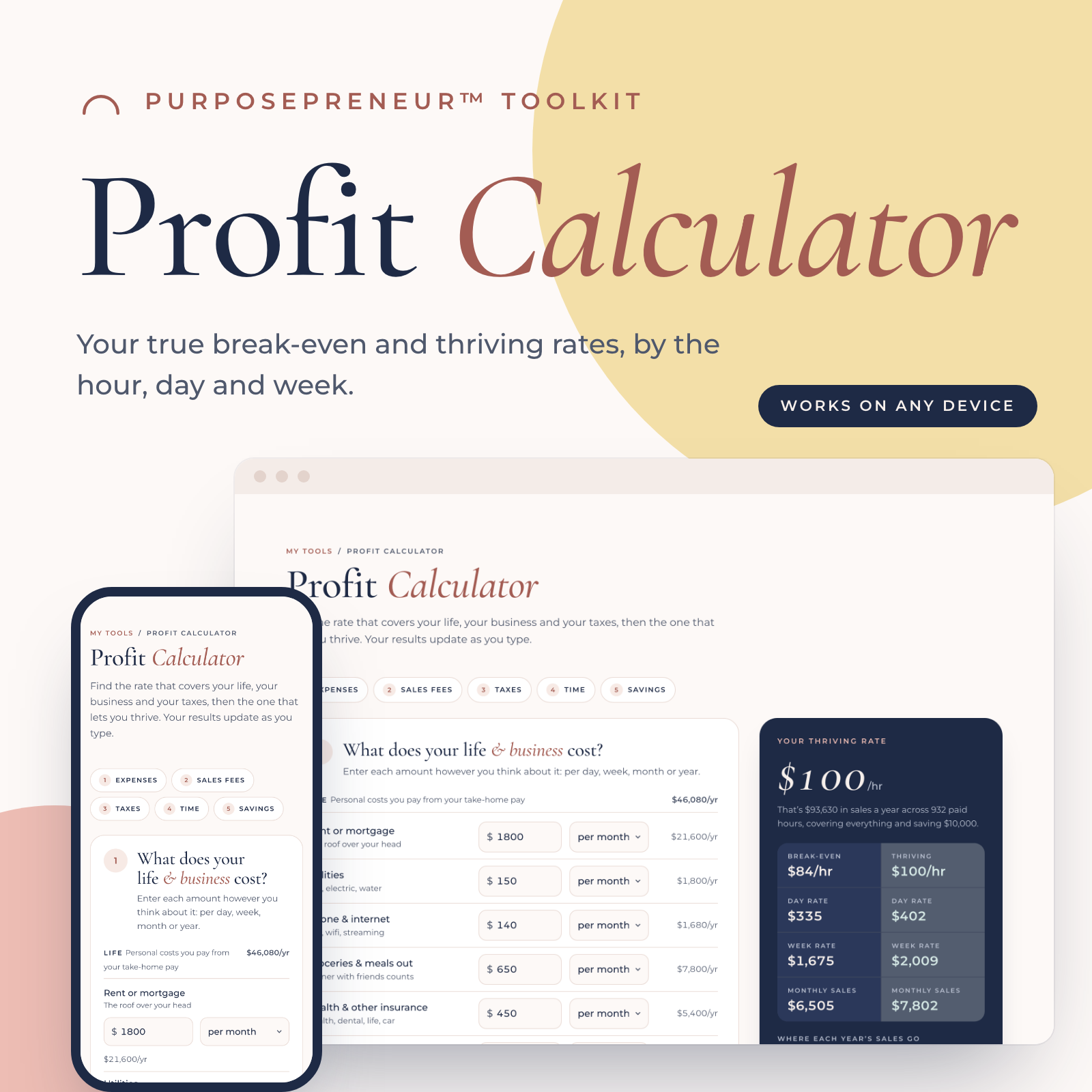 Profit Calculator, a business planning tool from the Purposepreneur Toolkit, shown on a laptop and a phone