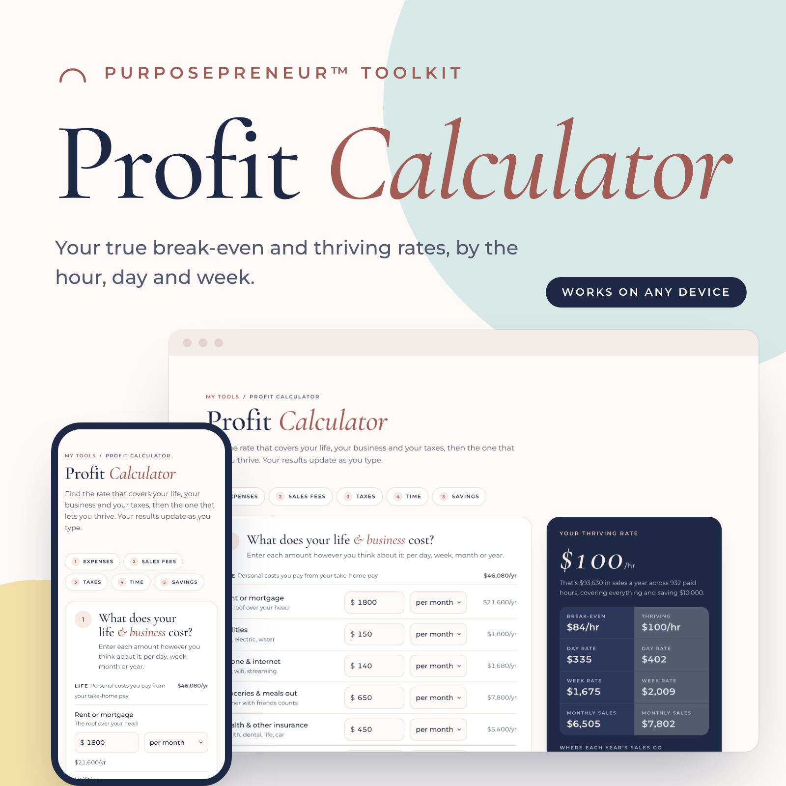 Profit Calculator from the Purposepreneur Toolkit, shown on a laptop and a phone