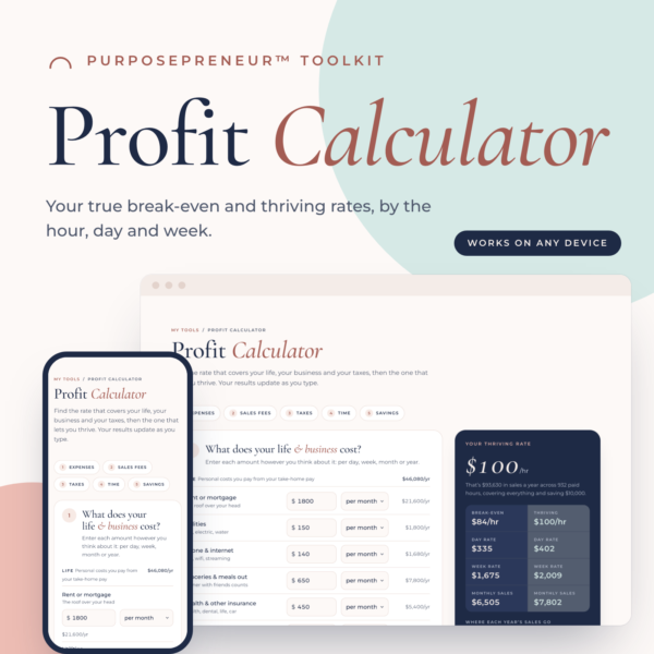 Profit Calculator from the Purposepreneur Toolkit, shown on a laptop and a phone
