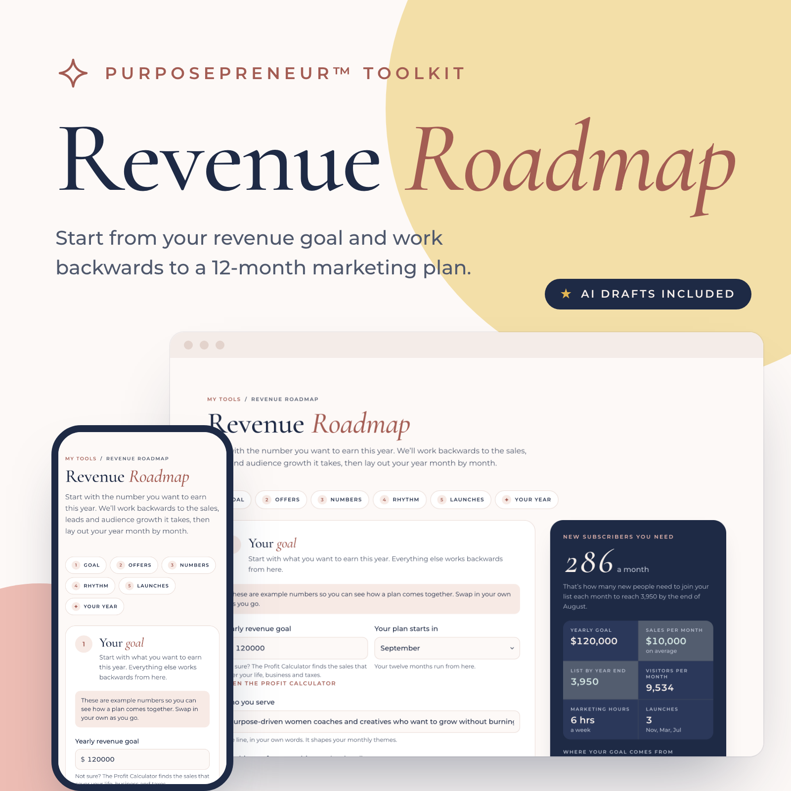 Revenue Roadmap, a business planning tool from the Purposepreneur Toolkit, shown on a laptop and a phone