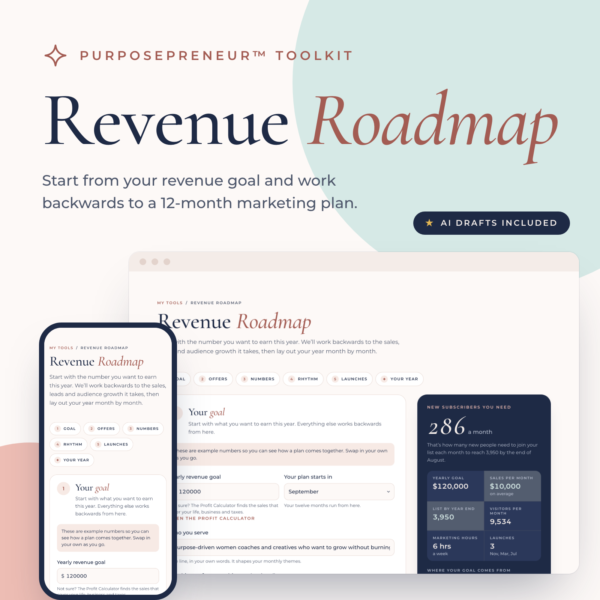 Revenue Roadmap from the Purposepreneur Toolkit, shown on a laptop and a phone