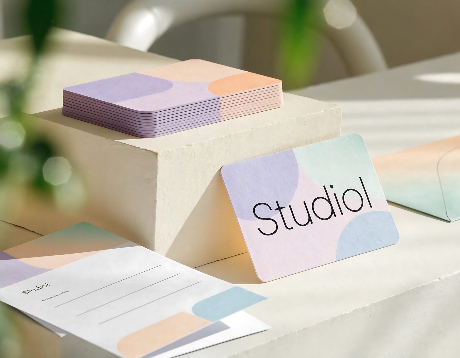 Branding cards and stationery laid out on a table