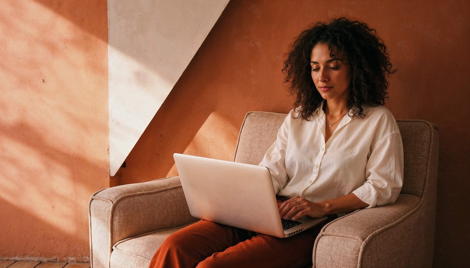 A woman typing on her laptop in a cosy corner by a window