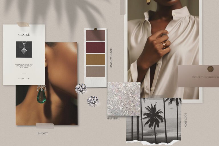 Fashion mood board with jewelry photos, a satin blouse, colour swatches and palm trees